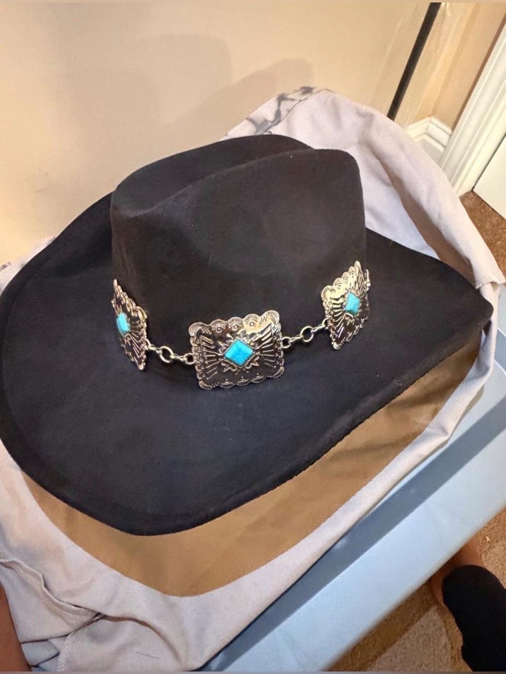 Structured Cowboy/girl hat - black with silver/turquoise embellishments